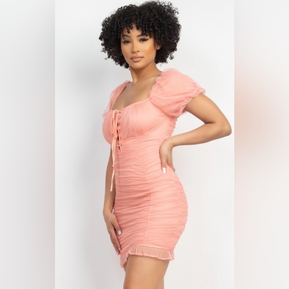 Elegant Peach Ruched Mesh Puff Sleeves Dress - Picture 14 of 14